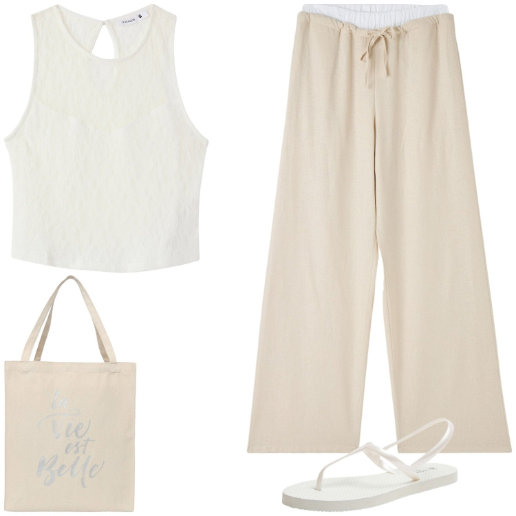 Outfit donna - Terranova - Vacanze italiane. Stile Casual per Tutti i giorni. Abbinamento con top, pantaloni, sandali, borse tote.
