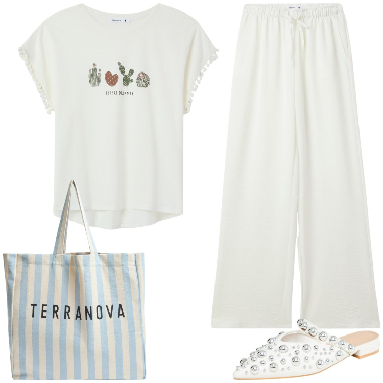 Outfit donna - Terranova - Vacanze italiane. Stile Casual per Tutti i giorni. Abbinamento con pantaloni, t-shirt, ballerine, borse tote.