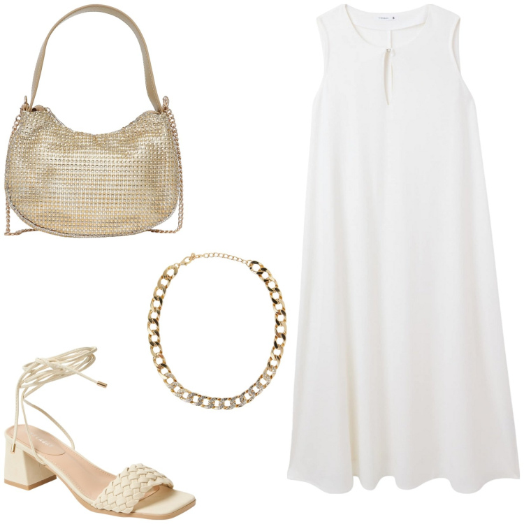Outfit donna - Terranova - Vacanze italiane. Stile Casual per Tutti i giorni. Abbinamento con vestiti lunghi, collane, sandali alla schiava, borse a spalla.