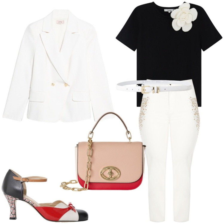 Outfit donna - Elegante in t-shirt. Stile Chic per Cerimonia. Abbinamento con jeans dritti, t-shirt, cinture, décolleté, blazer, borse a tracolla.