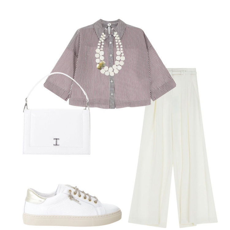 Outfit donna - In città. Stile Casual chic per Ufficio. Abbinamento con sneakers, pantaloni, camicie, borse a tracolla, ciondoli.