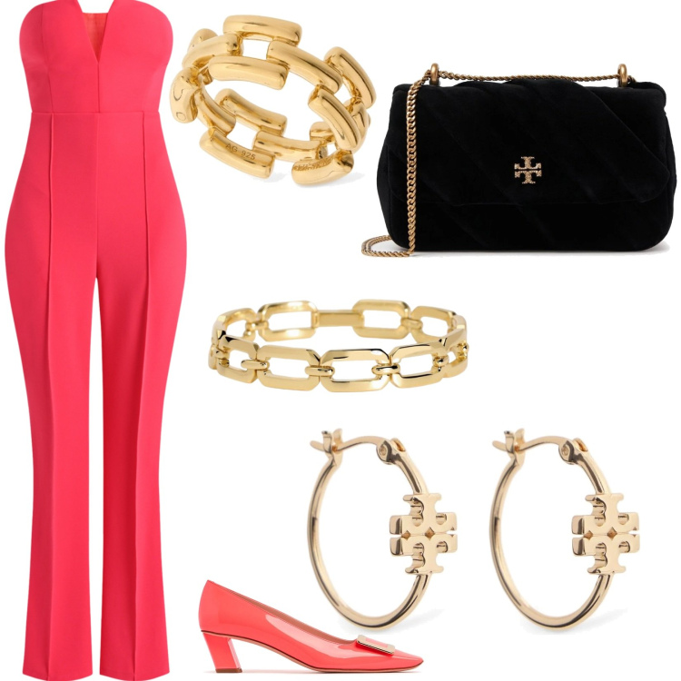 Outfit donna - Jumpsuit Chic. Stile Chic per Cerimonia. Abbinamento con tute, braccialetti, décolleté, anelli, orecchini, borse a spalla.