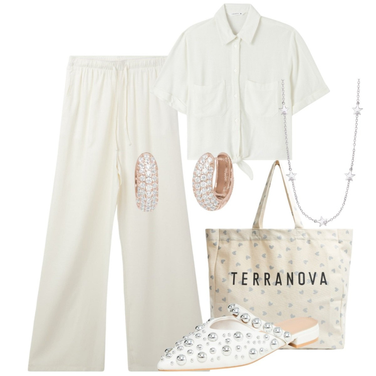 Outfit donna - Terranova - vacanze italiane. Stile Casual chic per Tutti i giorni. Abbinamento con ballerine, pantaloni, shopping bag, camicie a manica corta, orecchini, collane.