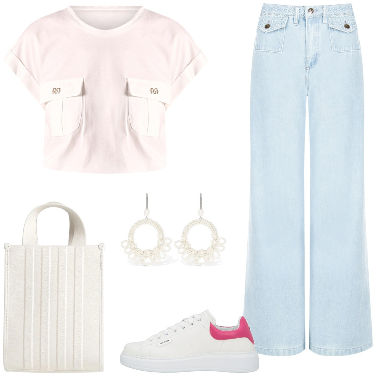 Outfit donna - Una t-shirt per amica. Stile Casual per Tutti i giorni. Abbinamento con sneakers, borse a mano, jeans dritti, t-shirt, orecchini.