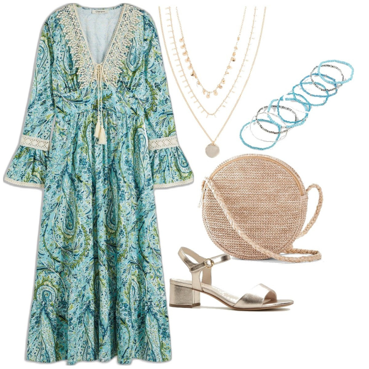 Outfit donna - Bonprix - hot Summer vibes. Stile Boho per Tutti i giorni. Abbinamento con collane, vestiti, borse a tracolla, braccialetti, sandali col tacco.
