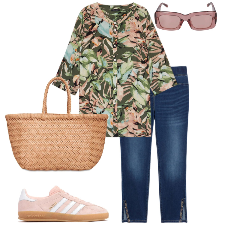 Outfit donna - Curvy style. Stile Casual per Tutti i giorni. Abbinamento con camicie, jeggings, sneakers, occhiali da sole, shopping bag.