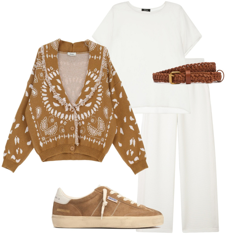 Outfit donna - In città. Stile Casual chic per Tutti i giorni. Abbinamento con pantaloni, cardigans, t-shirt, sneakers, cinture.