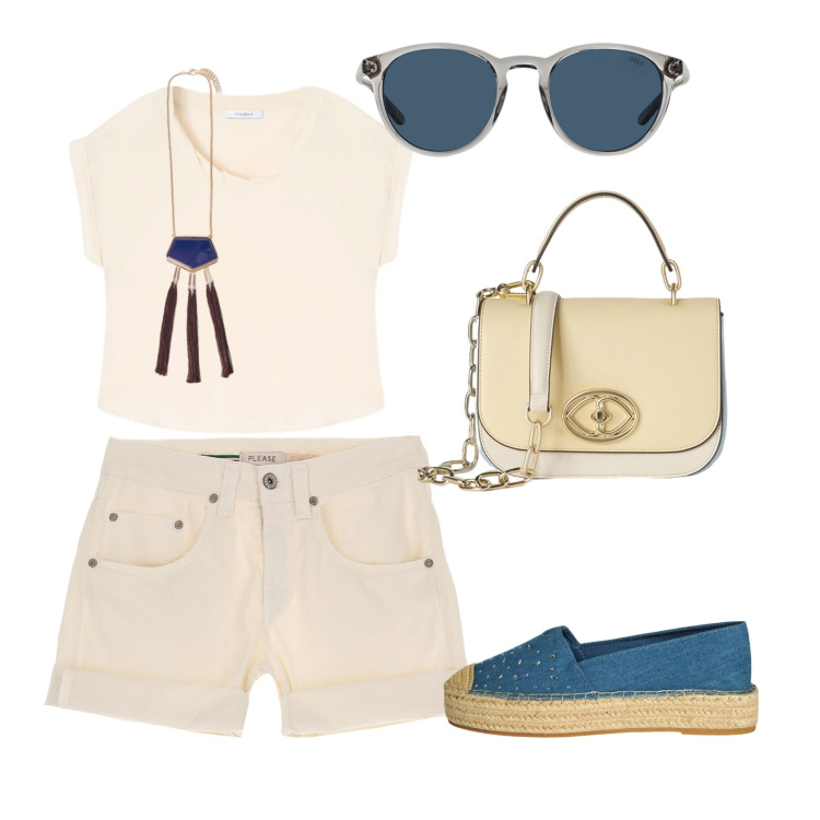 Outfit donna - Passeggiata lungomare. Stile Casual per Tutti i giorni. Abbinamento con espadrillas, shorts, occhiali da sole, bluse, ciondoli, borse a tracolla.