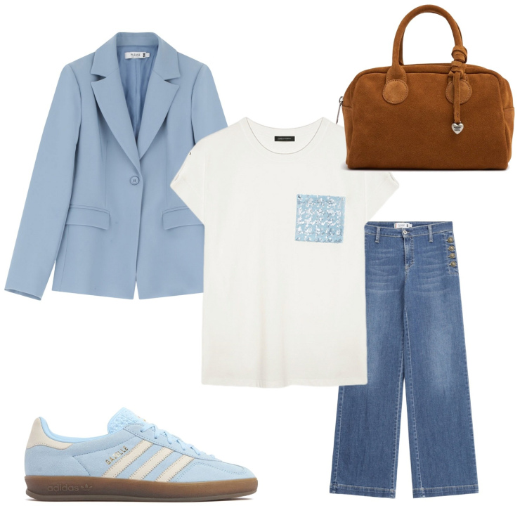 Outfit donna - Light blue. Stile Casual chic per Tutti i giorni. Abbinamento con jeans a zampa, blazer, t-shirt, borse a mano, sneakers.