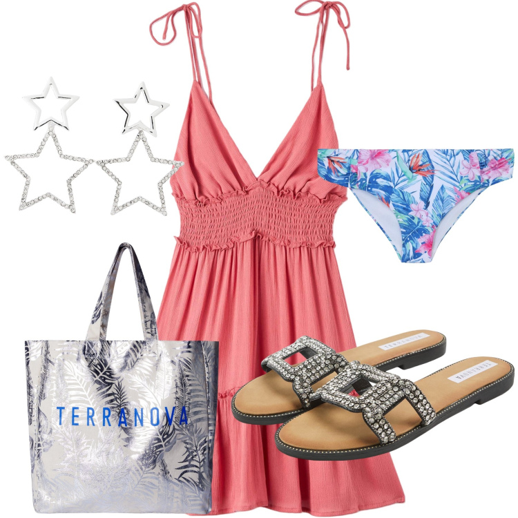 Outfit donna - Terranova in spiaggia sino a sera. Stile Glamour per Mare. Abbinamento con vestiti corti, ciabatte, borse tote, orecchini, bikini.