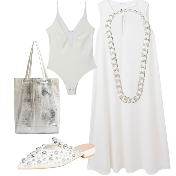 Outfit donna - White Terranova. Stile Chic per Mare. Abbinamento con vestiti lunghi, ballerine, shopping bag, body, collane.