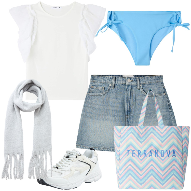 Outfit donna - Mare Terranova di primavera. Stile Casual chic per Mare. Abbinamento con t-shirt, minigonne, bikini, sciarpe, sneakers, borse tote.