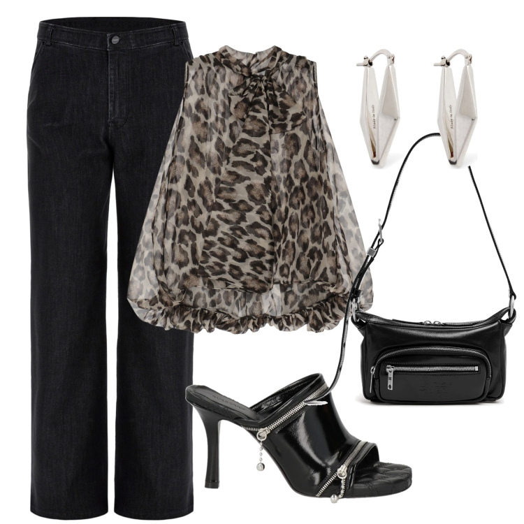 Outfit donna - Camicia animalier. Stile Chic per Serata fuori. Abbinamento con sandali in pelle, camicie, jeans, orecchini, borse a spalla.