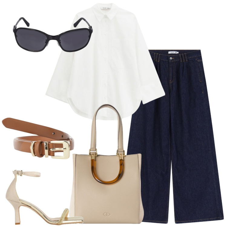 Outfit donna - Gli occhiali da sole trendissimi. Stile Trendy per Tutti i giorni. Abbinamento con sandali col tacco, jeans, camicie, cinture, shopping bag, occhiali da sole.