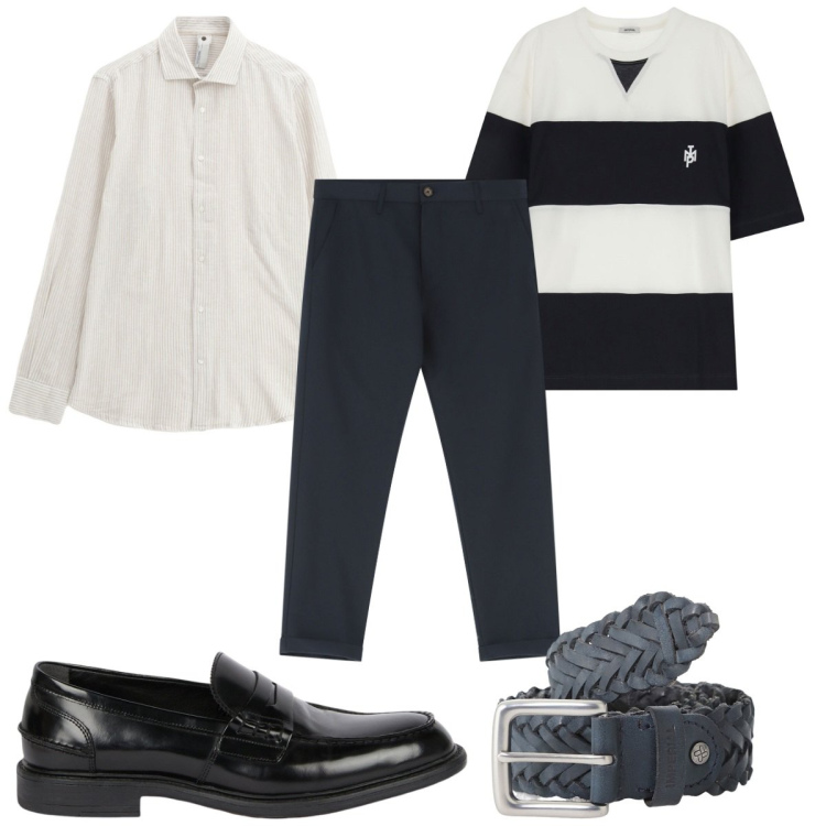 Outfit uomo - Total look #2118009. Stile Trendy per Tutti i giorni. Abbinamento con pantaloni chino, t-shirt, cinture, camicie, scarpe stringate.