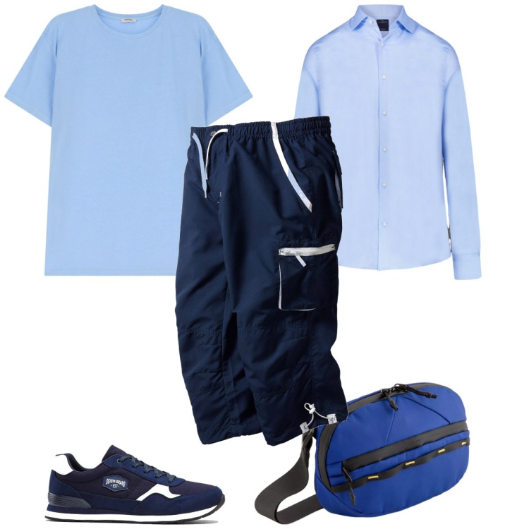 Outfit uomo - Total look #2118012. Stile Trendy per Sport. Abbinamento con sneakers, pantaloni capri, t-shirt, camicie, borse sportive.