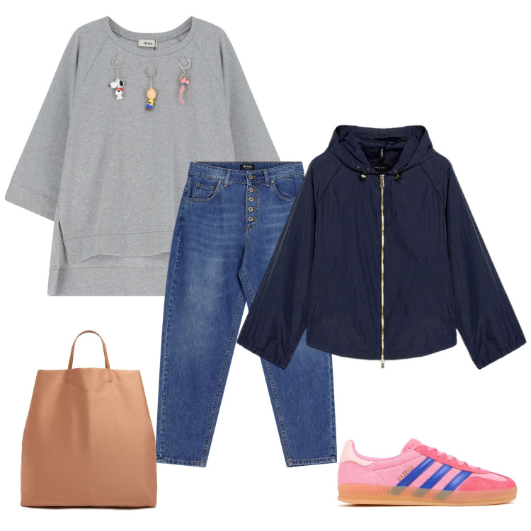 Outfit donna - Casual day. Stile Casual per Tutti i giorni. Abbinamento con jeans, felpe, parka, sneakers, shopping bag.