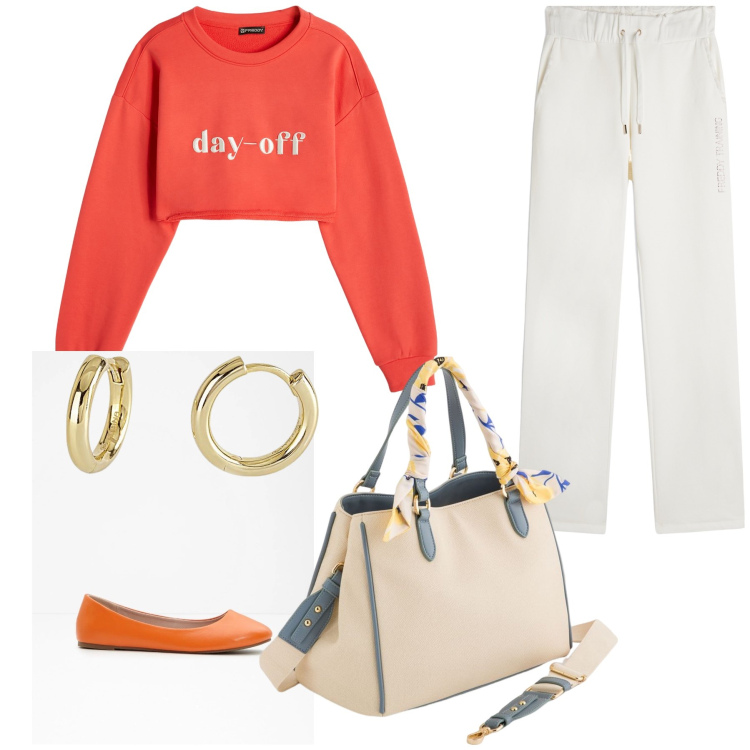 Outfit donna - Total look. Stile Casual chic per Tutti i giorni. Abbinamento con ballerine, orecchini, felpe, pantaloni, borse a mano.
