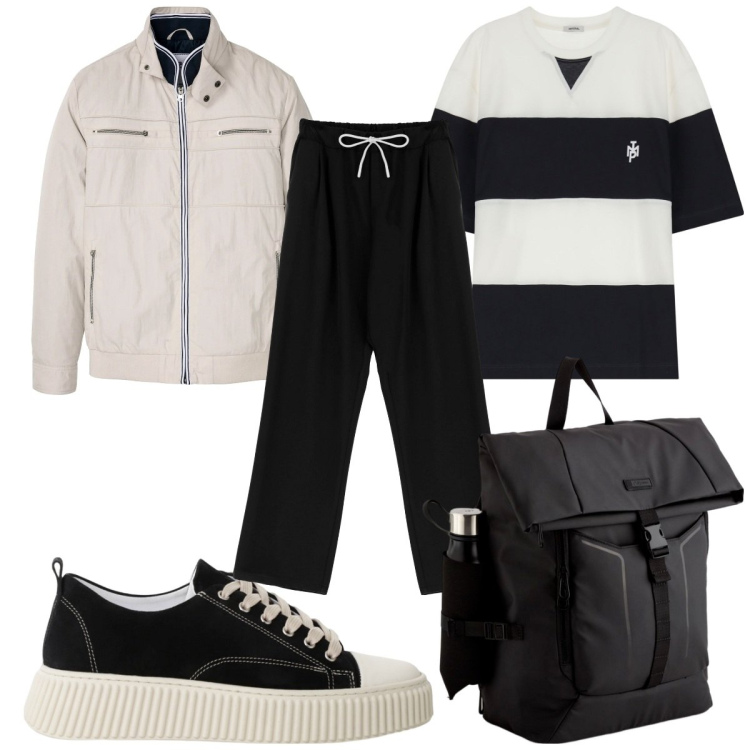 Outfit uomo - Total look #2118024. Stile Trendy per Tutti i giorni. Abbinamento con giacche, sneakers, t-shirt, pantaloni, borse sportive.