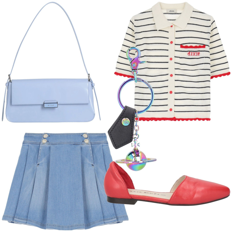 Outfit donna - Total look. Stile Preppy per Tutti i giorni. Abbinamento con ballerine, borse a spalla, minigonne, cardigans, portachiavi.