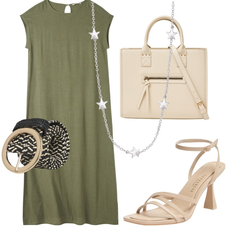 Outfit donna - Giornata calda. Stile Casual per Ufficio. Abbinamento con shopping bag, vestiti lunghi, sandali col tacco, cinture, collane.