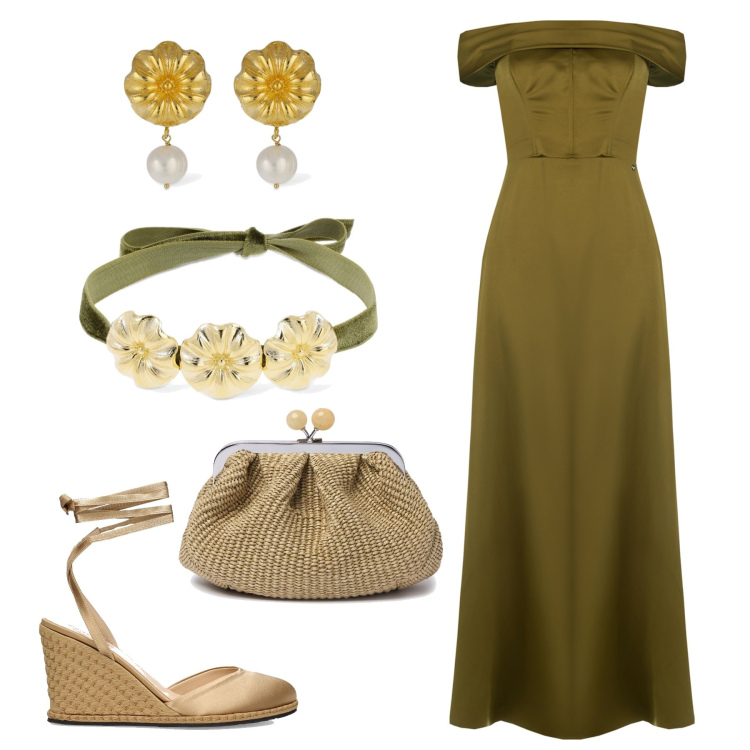 Outfit donna - Incanto di Bosco Dorato. Stile Romantica per Cerimonia. Abbinamento con vestiti lunghi, collane, orecchini, zeppe, pochette.