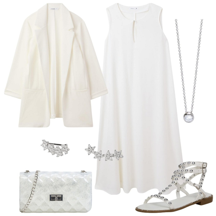 Outfit donna - Terranova - vacanze italiane. Stile Chic per Tutti i giorni. Abbinamento con vestiti lunghi, borse a tracolla, blazer, sandali, orecchini, collane.