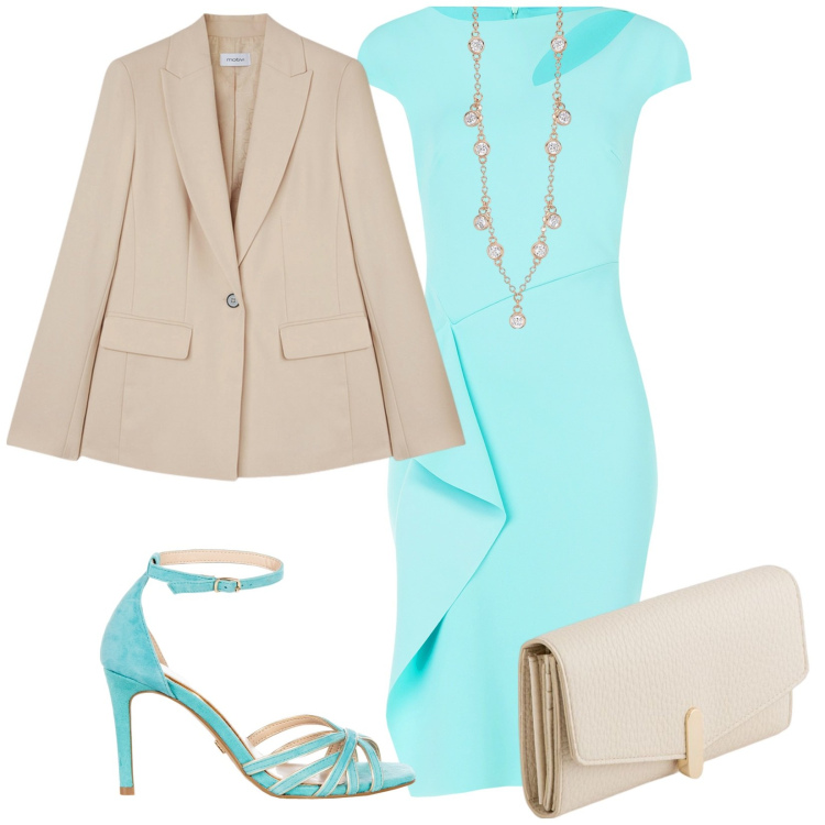 Outfit donna - Celeste e vaniglia. Stile Chic per Cerimonia. Abbinamento con vestiti a tubino, sandali col tacco, collane, blazer, portafogli.