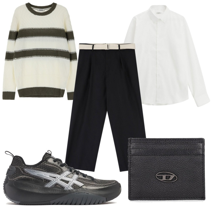 Outfit uomo - Total look #2118042. Stile Trendy per Tutti i giorni. Abbinamento con pantaloni, maglieria, camicie, portafogli, sneakers.