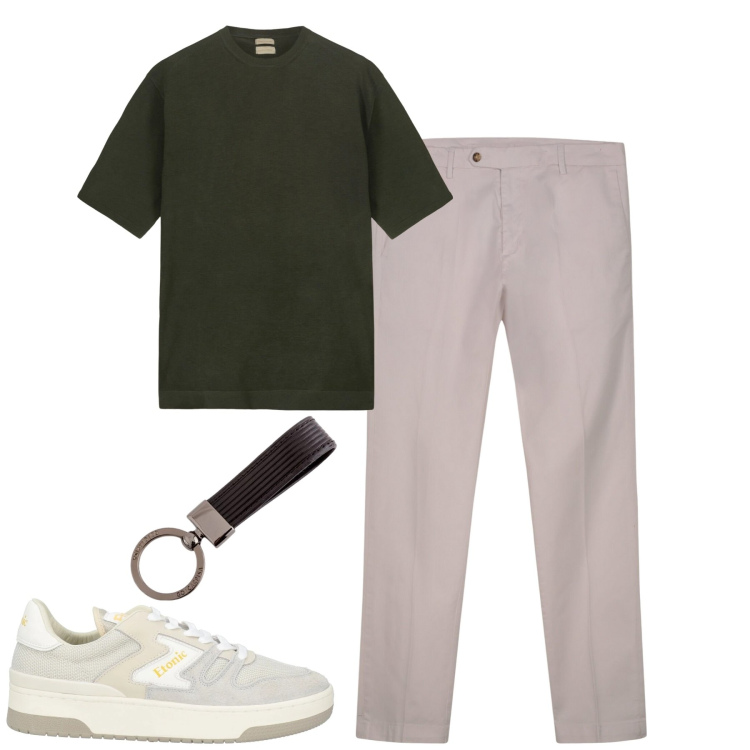 Outfit uomo - City. Stile Casual per Tutti i giorni. Abbinamento con sneakers, pantaloni chino, t-shirt, portachiavi.