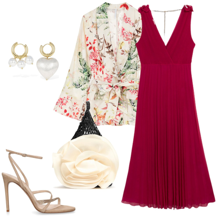 Outfit donna - Serata romantica. Stile Romantica per Serata fuori. Abbinamento con blazer, orecchini, borse a mano, sandali in pelle, vestiti lunghi.