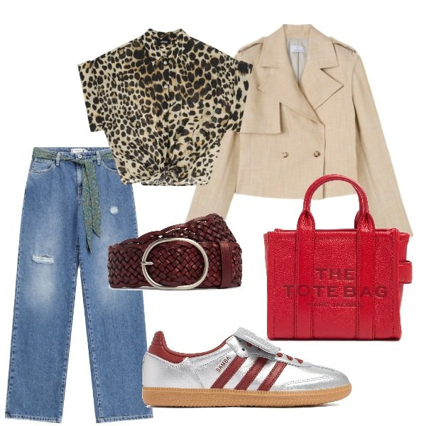 Outfit donna - Passeggiando al parco. Stile Casual per Tutti i giorni. Abbinamento con jeans strappati, camicie a manica corta, borse a tracolla, cinture, blazer, sneakers.
