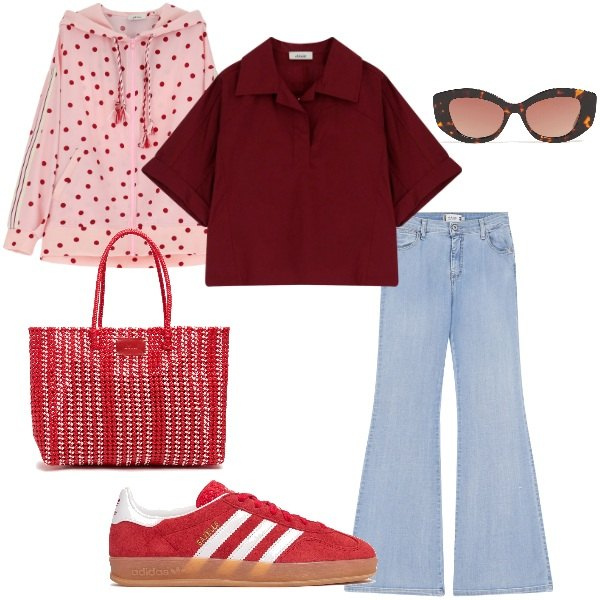 Outfit donna - Passeggiando al parco. Stile Casual per Tutti i giorni. Abbinamento con jeans a zampa, camicie a manica corta, blazer, sneakers, occhiali da sole, shopping bag.