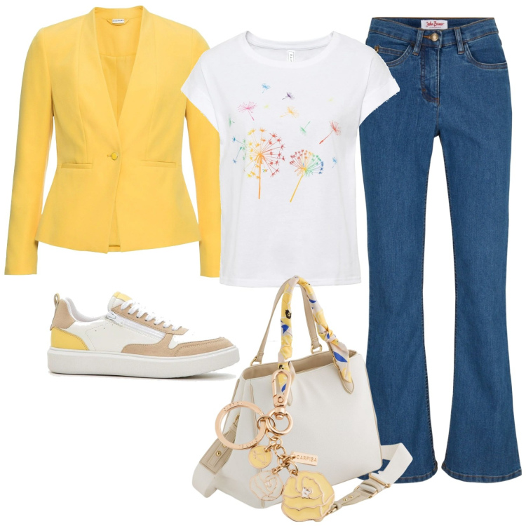 Outfit donna - Dente di leone. Stile Casual per Tutti i giorni. Abbinamento con jeans bootcut, t-shirt, sneakers, blazer, borse a mano, portachiavi.