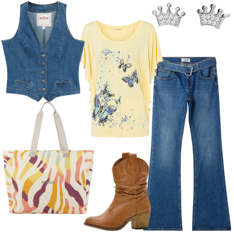 Outfit donna - La t-shirt giallo pastello. Stile Urban per Tutti i giorni. Abbinamento con stivaletti texani, gilet, maglieria, jeans a zampa, orecchini, shopping bag.
