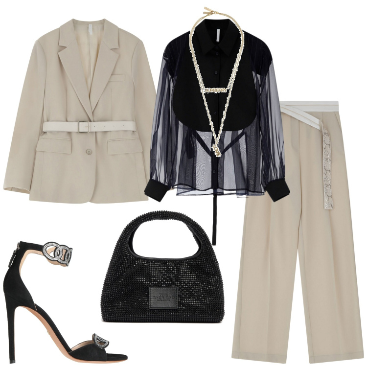 Outfit donna - Sabbia e nero. Stile Casual chic per Tutti i giorni. Abbinamento con sandali in pelle, blazer, camicie, pantaloni, borse a mano, collane.
