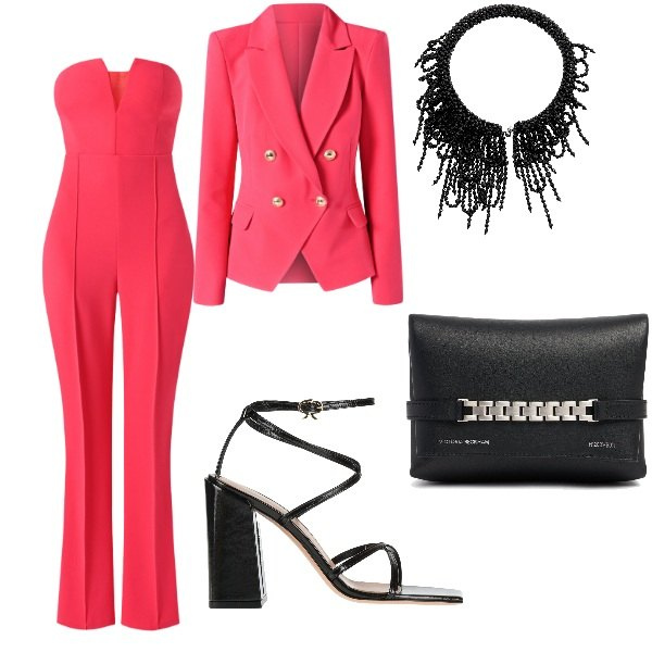 Outfit donna - Matrimonio in vista. Stile Glamour per Cerimonia. Abbinamento con sandali in pelle, tute, blazer, collane, pochette.