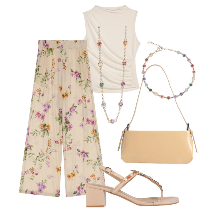 Outfit donna - Aperitivo luminoso. Stile Glamour per Serata fuori. Abbinamento con infradito, borse a spalla, braccialetti, collane, pantaloni, top.