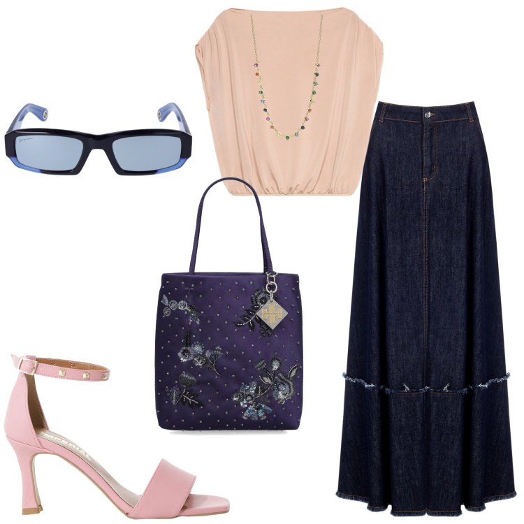 Outfit donna - Gonna di jeans. Stile Casual chic per Serata fuori. Abbinamento con sandali col tacco, collane, gonne, borse a mano, occhiali da sole, bluse.