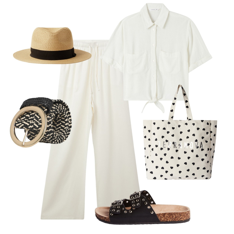 Outfit donna - Easy in lino bianco. Stile Trendy per Tutti i giorni. Abbinamento con cappelli, pantaloni, borse tote, ciabatte, camicie a manica corta, cinture.