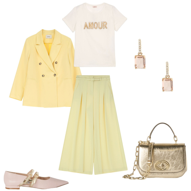 Outfit donna - Giallo burro non Amour. Stile Bon Ton per Ufficio. Abbinamento con pantaloni, blazer, orecchini, ballerine, borse a tracolla, t-shirt.