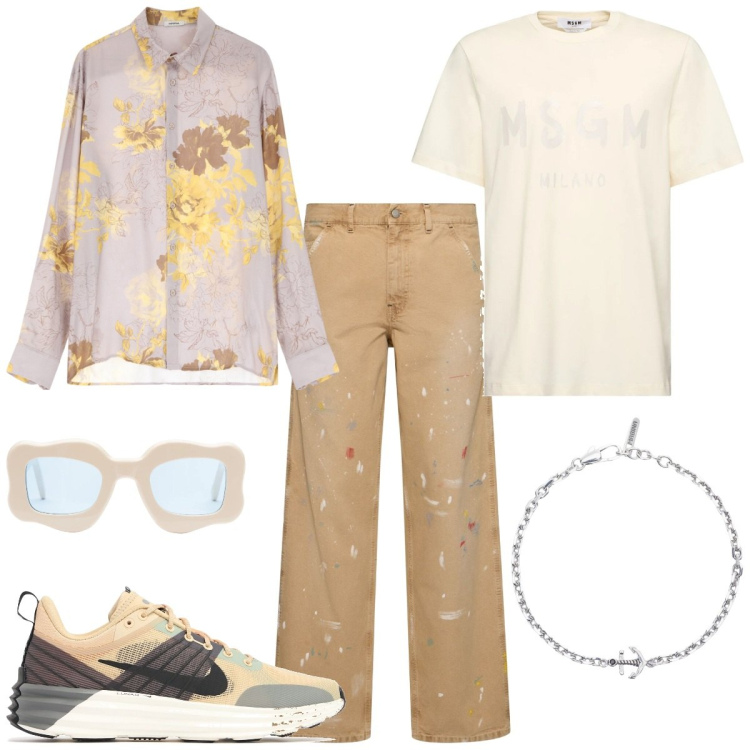 Outfit uomo - Serata tranquilla. Stile Casual per Tutti i giorni. Abbinamento con braccialetti, camicie, occhiali da sole, sneakers, t-shirt, pantaloni.