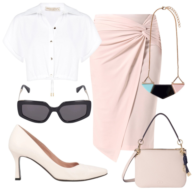 Outfit donna - La camicia bianca. Stile Bon Ton per Cerimonia. Abbinamento con décolleté, gonne, camicie a manica corta, occhiali da sole, borse a tracolla, ciondoli.