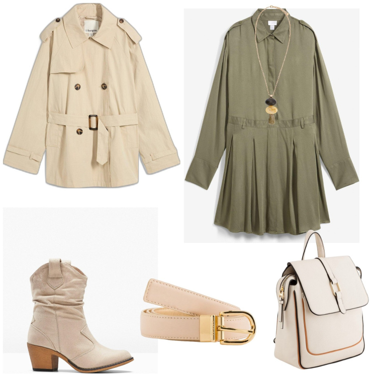 Outfit donna - Total look #2118096. Stile Casual per Tutti i giorni. Abbinamento con stivaletti texani, trench, vestiti corti, cinture, zaini, collane.