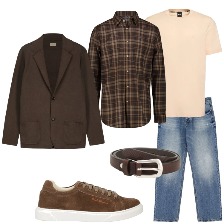 Outfit uomo - Layering primaverile. Stile Trendy per Tutti i giorni. Abbinamento con sneakers, jeans, cinture, camicie, cardigans, t-shirt.