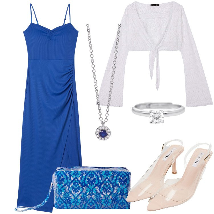 Outfit donna - Terranovainblu. Stile Casual chic per Cerimonia. Abbinamento con sandali col tacco, pochette, bolero, vestiti lunghi, anelli, collane.