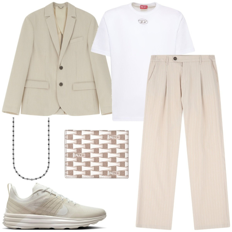 Outfit uomo - Righe obbligatorie. Stile Casual per Tutti i giorni. Abbinamento con portafogli, collane, pantaloni, giacche, t-shirt, sneakers.
