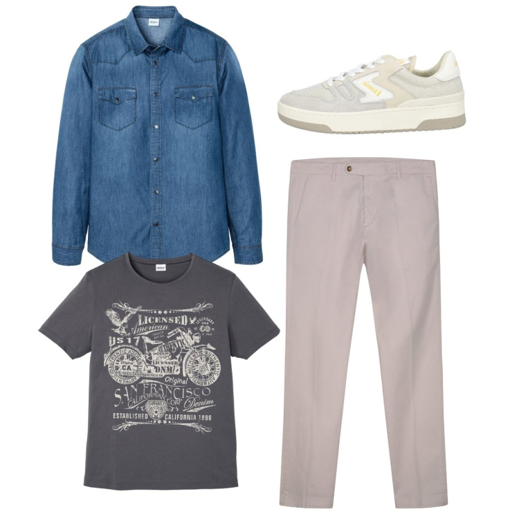 Outfit uomo - Total look. Stile Casual per Tutti i giorni. Abbinamento con camicie, t-shirt, sneakers, pantaloni chino.
