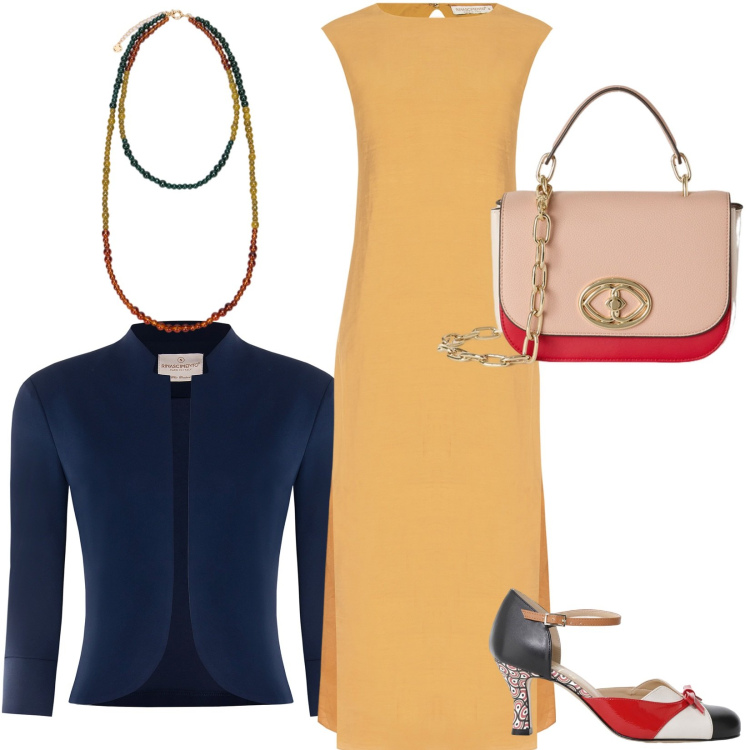 Outfit donna - Ricevimento con pranzo al buffet. Stile Casual chic per Cerimonia. Abbinamento con vestiti senza maniche, bolero, décolleté, borse a tracolla, ciondoli.