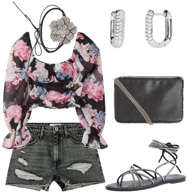 Outfit donna - Serata al mare 2025. Stile Sexy per Serata fuori. Abbinamento con borse a tracolla, bluse, sandali alla schiava, shorts, collane, orecchini.